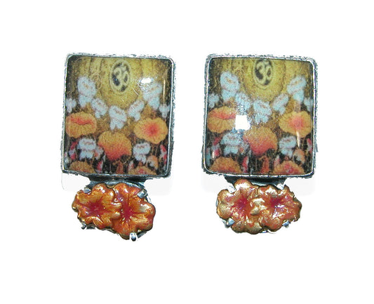 31682 Marigold Hand Enameled Tile, Sterling Silver Earrings