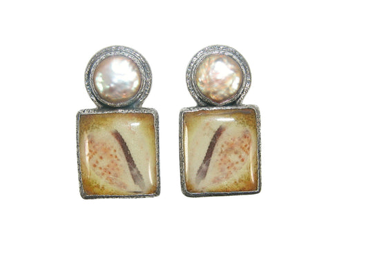 32709 Freshwater Pearl, Shell Hand Tile, Sterling Silver Earrings