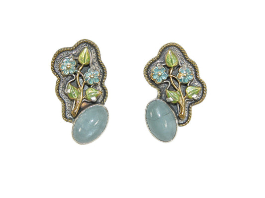 33279 Aquamarine Enamel Flower Sterling Silver Earrings