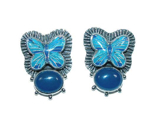 32233 Lapis, Hand Enamel Butterfly, Sterling Silver Earrings