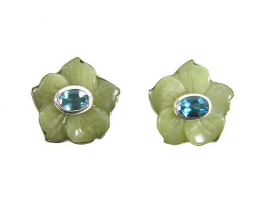 30112 Serpentine Jade, Blue Topaz, Sterling Silver Earrings
