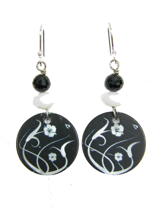20583 Mother of Pearl Cameo, Black Onyx, Sterling Silver Earrings