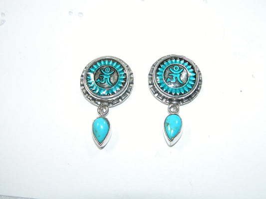 33238 Turquoise, Hand Enamel Ohm, Sterling Silver Earrings