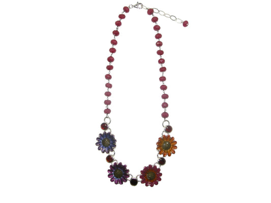 33649 Hand Enameling Flower, Ruby Sterling Silver Necklace