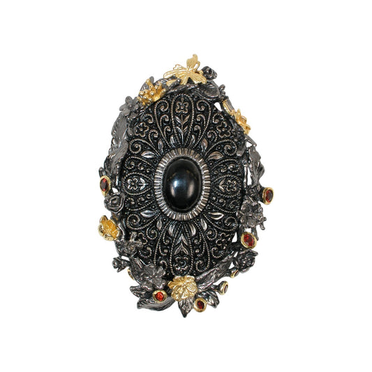 3392A Vintage Button, Onyx, Garnet Sterling Silver Pin and Pendant