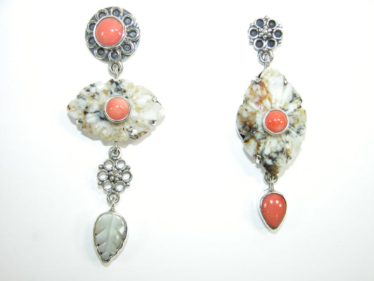 29004 Coral, Agate and Mother of Pearl Dangle Sterling Silver Earrings