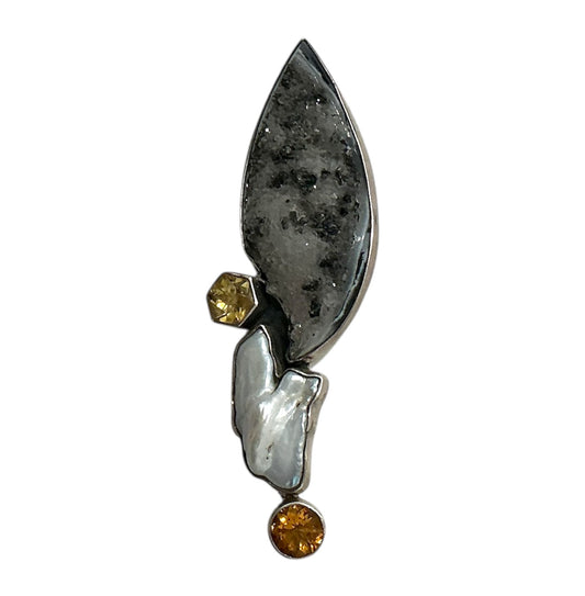 10128 Brazilian Drusy Agate, Citrine, Freshwater Pearl Sterling Silver Pin Pendant