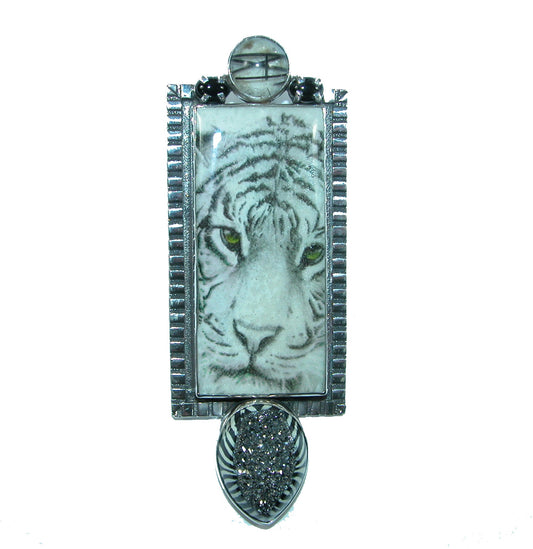 32042 Drusy, Hand Made Tile, Quartz Sterling Silver Pin Pendant