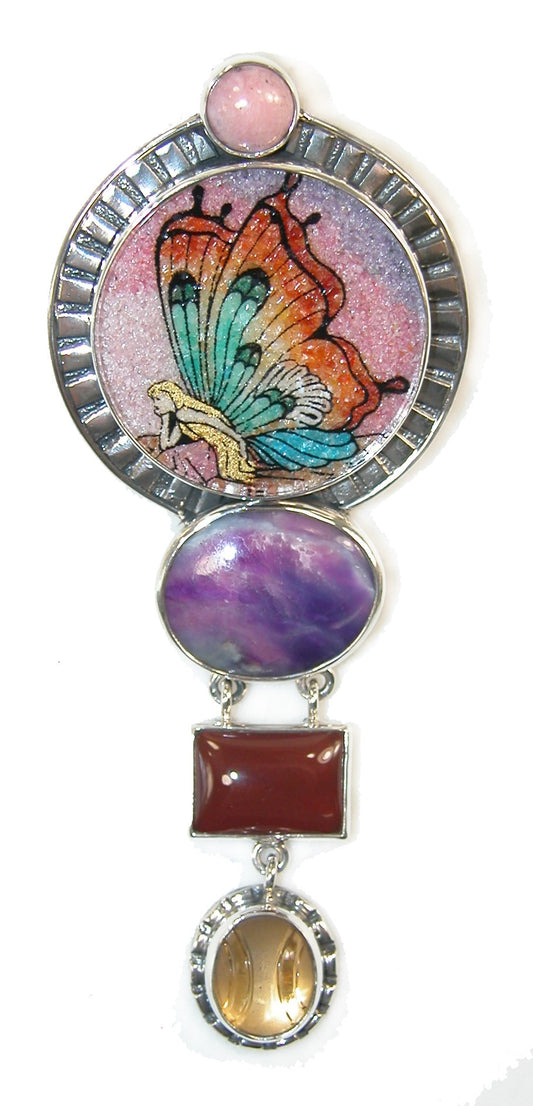 19165 Fairy Micro Mosaic Gemstone Sugilite Sterling Silver Pin and Pendant