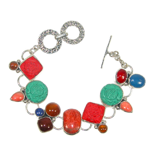 32852 Cinnabar, Hessonite, Carnelian, Lapis Sterling Silver Bracelet