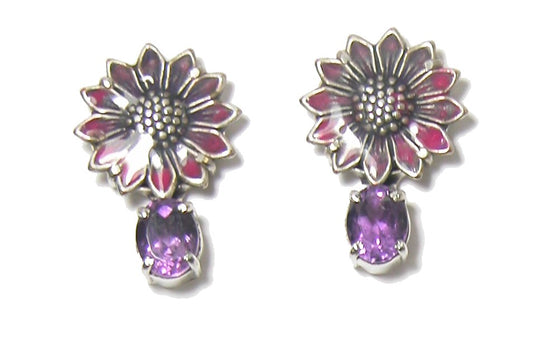 32197E Amethyst Enamel Flower Sterling Silver Earrings