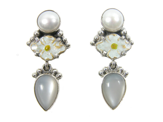 30764 Pearl, Moonstone, Flower Sterling Silver Earrings