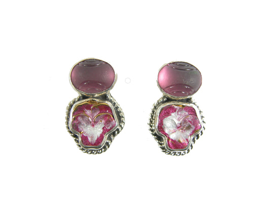 31037 Quartz, Enameled Flower Sterling Silver Earrings