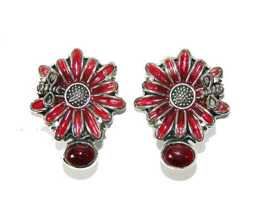 30824A Garnet, Enameled Flower, Sterling Silver Earrings