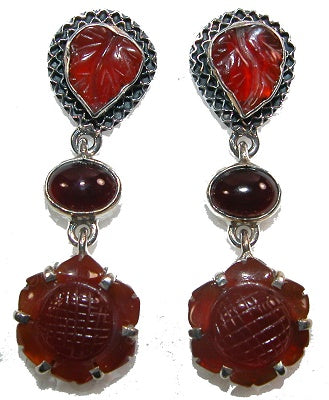 19658 Garnet Carved Leaf Agate Sterling Silver Earrings