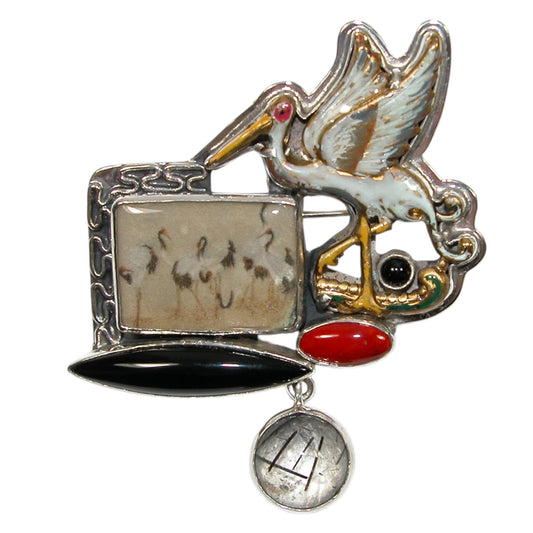 32802 Onyx, Coral, Hand Enameling Crane Sterling Silver Pin and Pendant