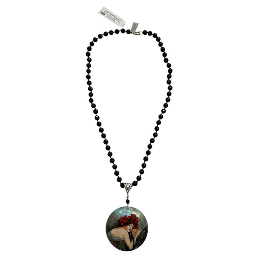 32213 Hand Painted Miniature on Mother of Pearl, Black Onyx, Sterling Silver Necklace