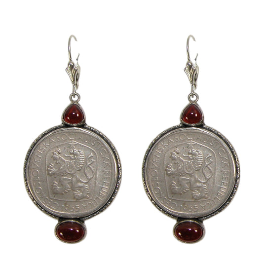 31372L Lion Coin Garnet Sterling Silver Earrings