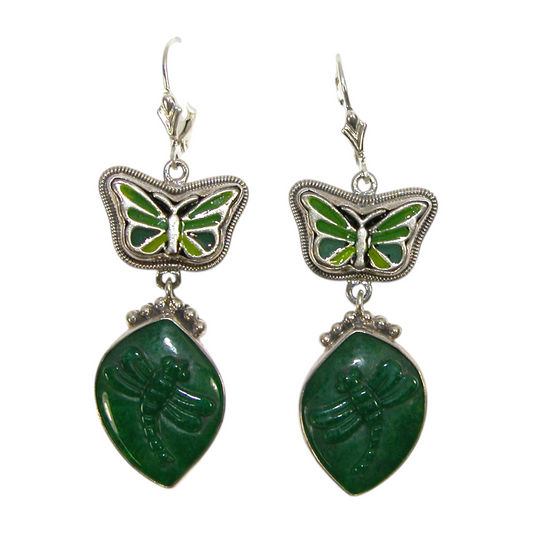 30771A Hand Enamel Butterfly Green Agate Sterling Silver Earrings