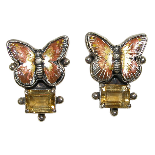 32896 Citrine Hand Enameling Butterfly Sterling Silver Earrings
