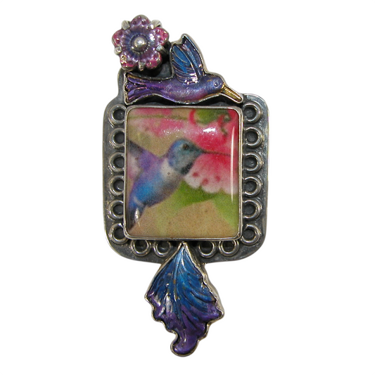 31002A Hand-Painted Enamel and Handmade Tile Hummingbird on Sterling Silver Pin Pendant
