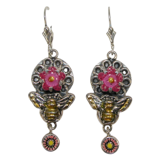 30519L Hand Enamel Bee Flowers Sterling Silver Earrings