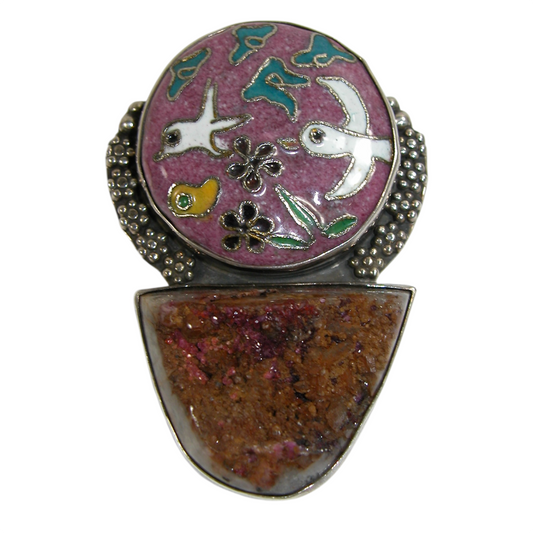3656 Hand Enameling Drusy Sterling Silver Pin and Pendant