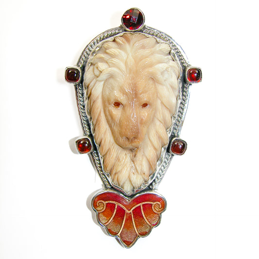 34350 Carved Fossil Lion Hessonite Sterling Silver Pin/Pendant