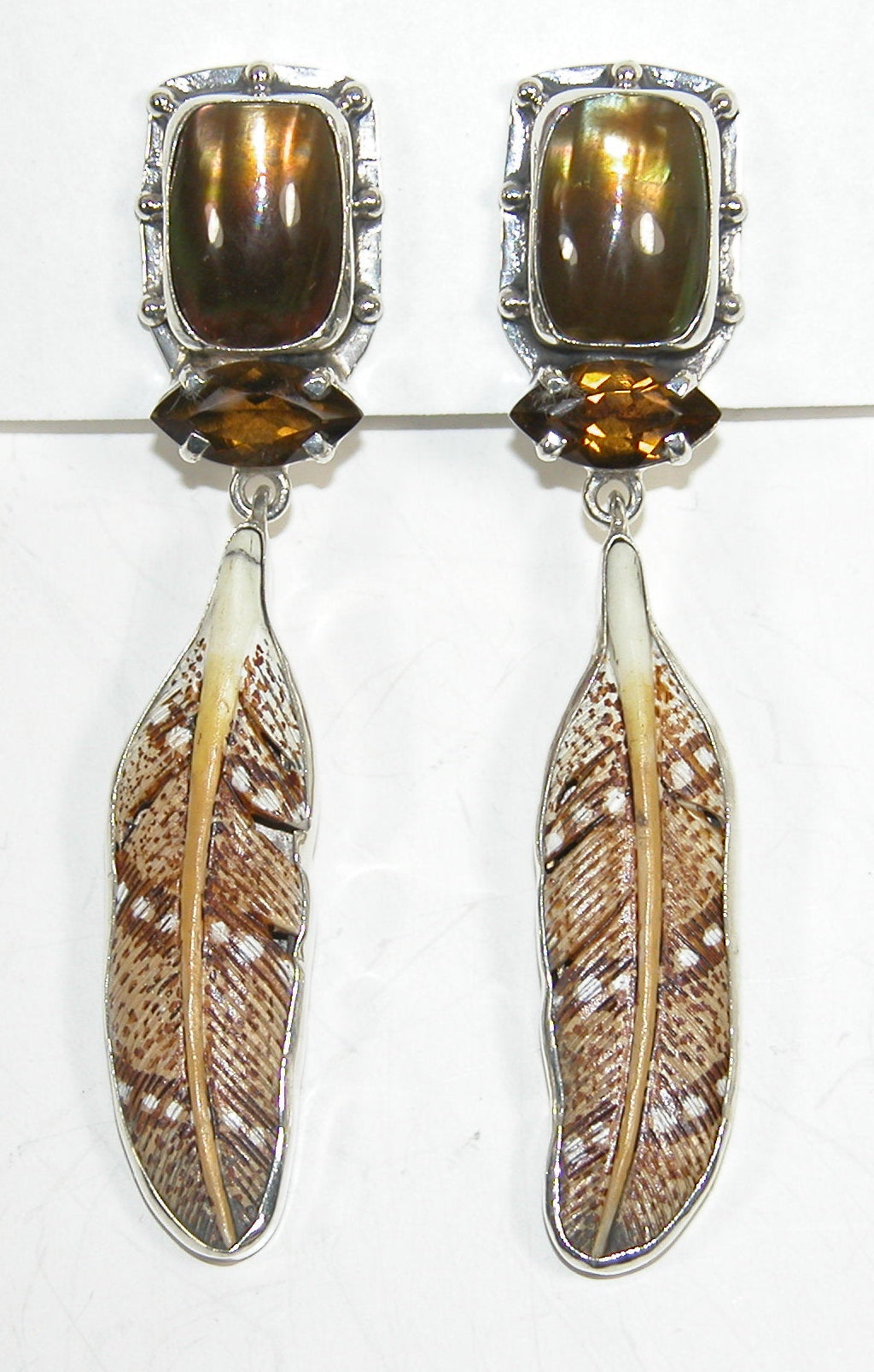 33412 Hand Painted Scrimshaw, Whisky Topaz, Mabe Pearl, Sterling Silver Earrings