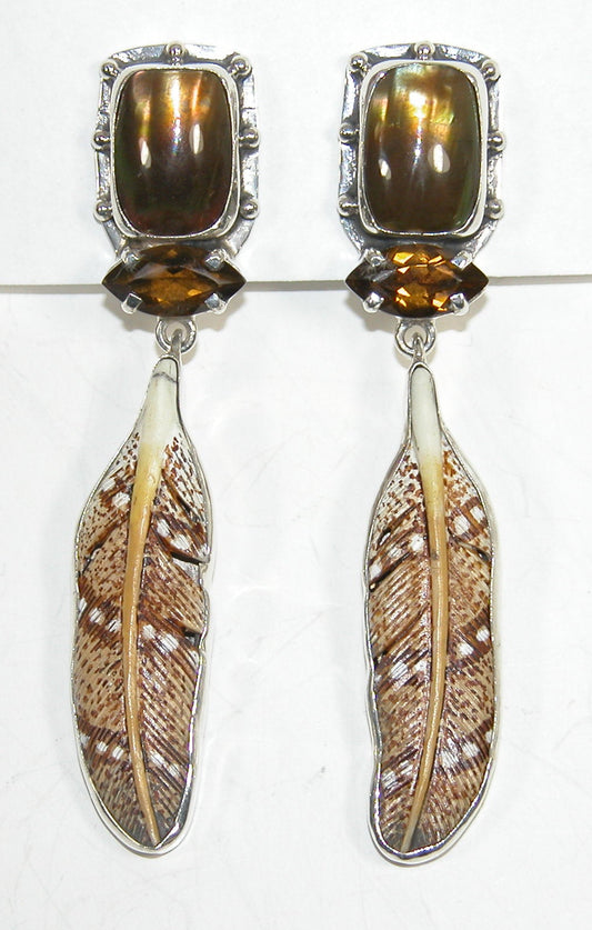 33412 Hand Painted Scrimshaw, Whisky Topaz, Mabe Pearl, Sterling Silver Earrings