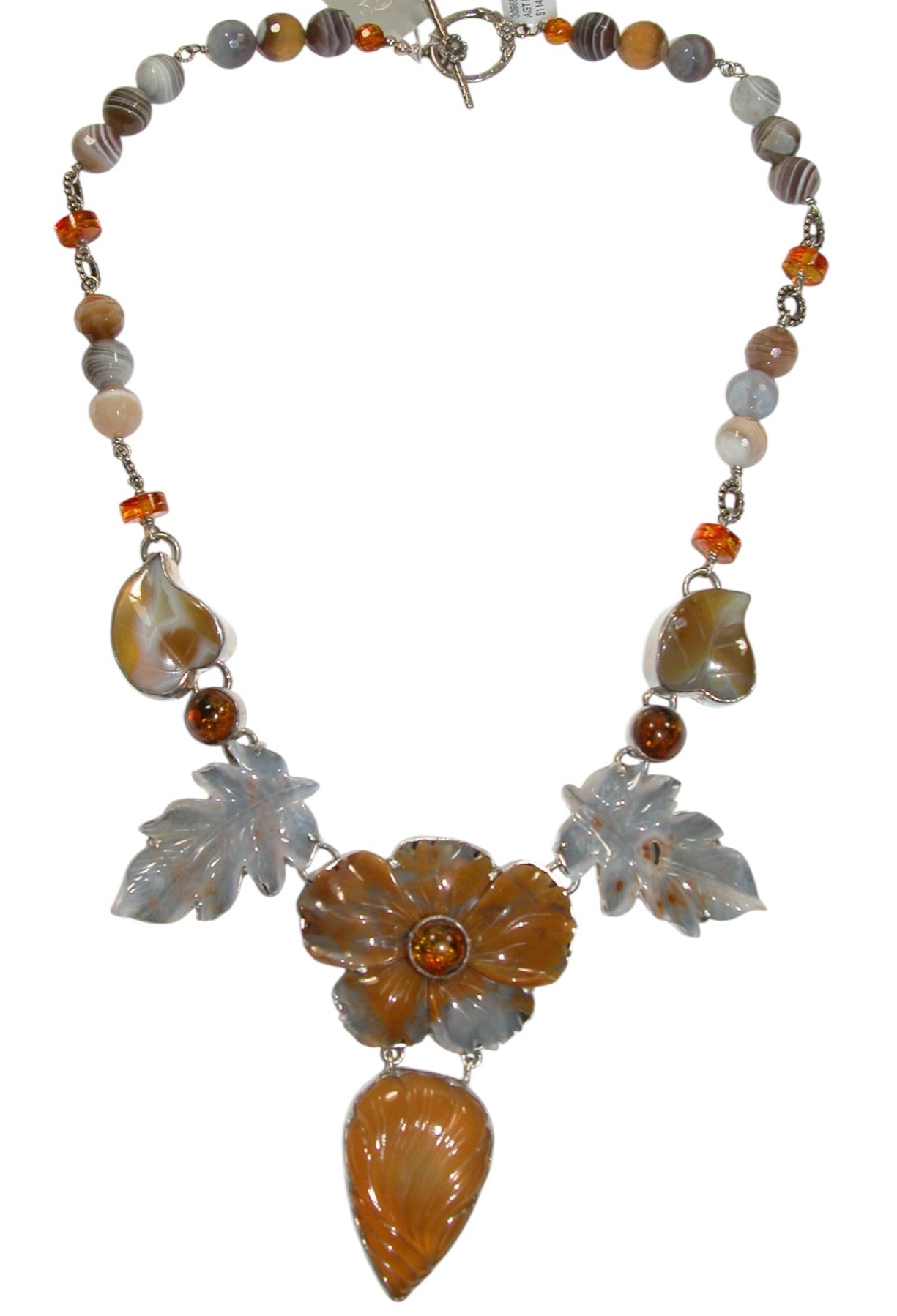 30968 Hand Carved Agate, Baltic Amber, Sterling Silver Necklace