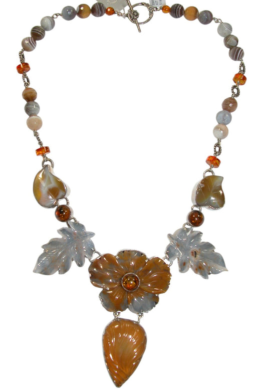 30968 Hand Carved Agate, Baltic Amber, Sterling Silver Necklace