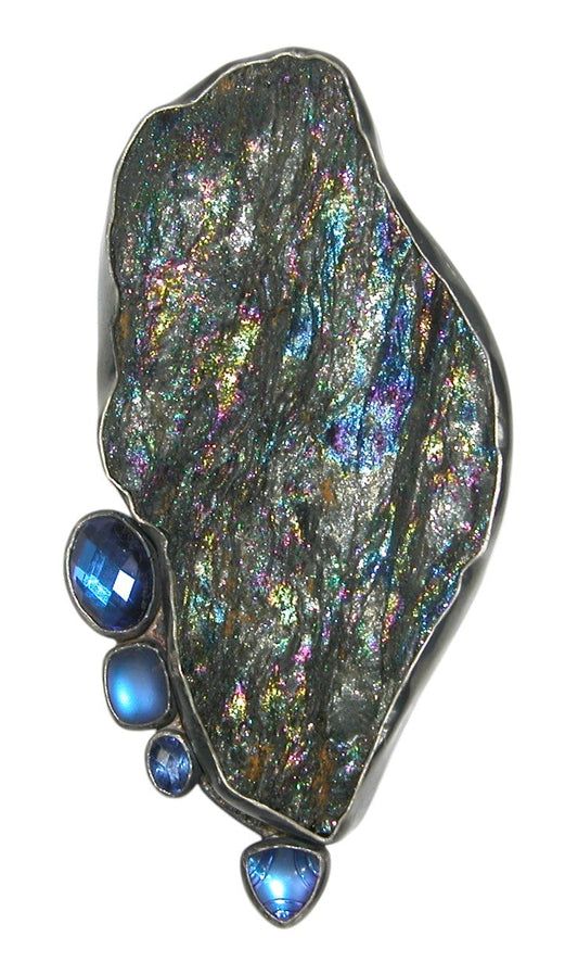 33624 Rainbow Pyrite with Celestial Quartz Sterling Silver Pin Pendant