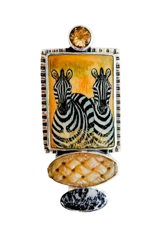 34504 Painted Zebra's on Black Onyx, Citrine, Yellow Jade, Sterling Silver Pin Pendant