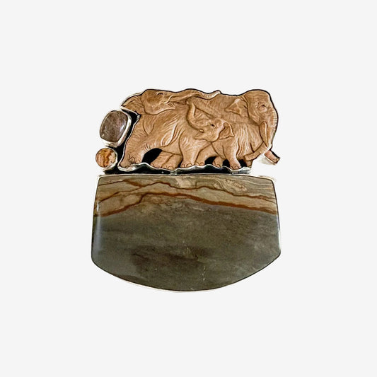 34346 Hand Carved Fossil Ivory Elephant, Picture Jasper, Rutilated Quartz Pin Pendant