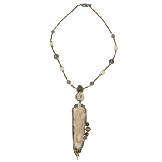 11009 Carved Mammoth Ivory, Carved Bone, Hematite Sterling Silver Necklace