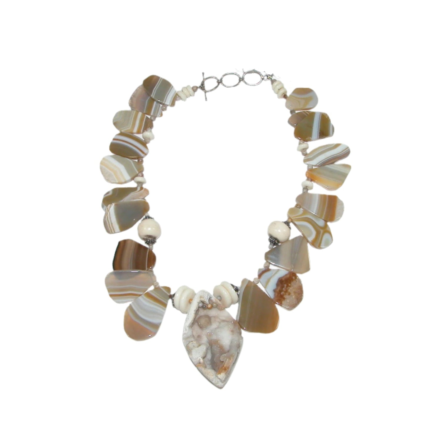 17153 Natural Agate Slices, Botswana Agate, Beaded Sterling Silver Necklace