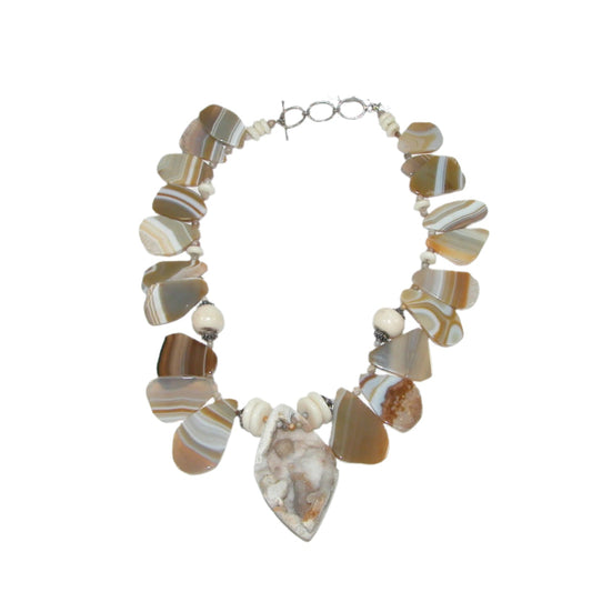 17153 Natural Agate Slices, Botswana Agate, Beaded Sterling Silver Necklace
