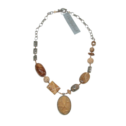 19619A Picture Jasper, Carved Tagua Seed, Carved Bone Tobacco Leaf Frog Sterling Silver Necklace