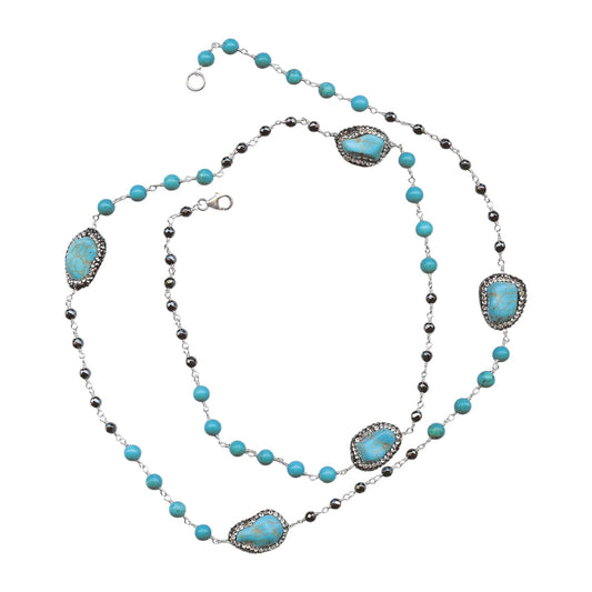 Turquoise Extra Long Beaded Sterling Silver Necklace