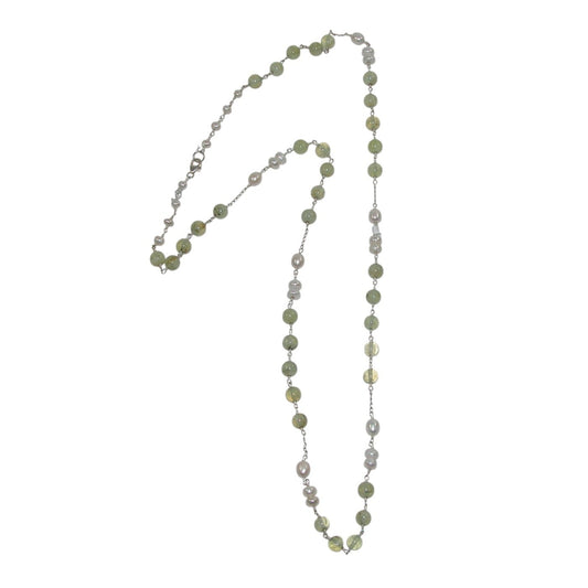 Prehnite, Freshwater Pearl Sterling Silver Beaded Necklace