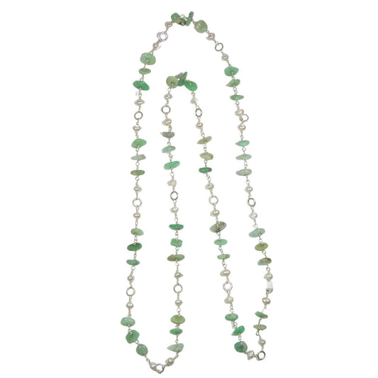 N5296 Freshwater Pearl, Chrysoprase Long Beaded Sterling Silver Necklace