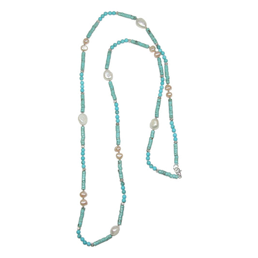 Freshwater Pearl, Turquoise Beaded Sterling Silver Necklace