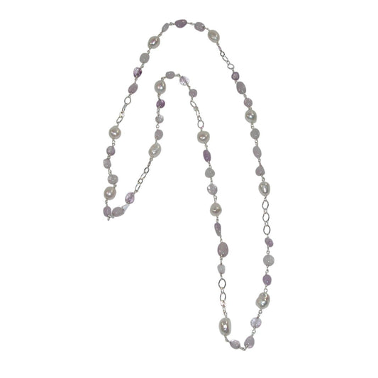 Amethyst, Pearl Extra Long Beaded Sterling Silver Necklace