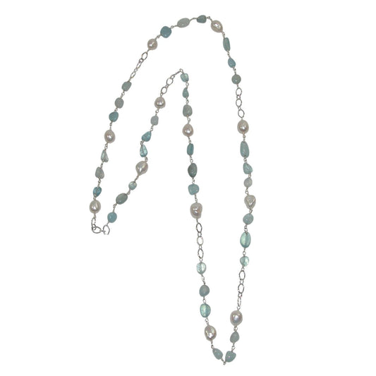 Freshwater Pearl, Aquamarine Long Beaded Sterling Silver Necklace