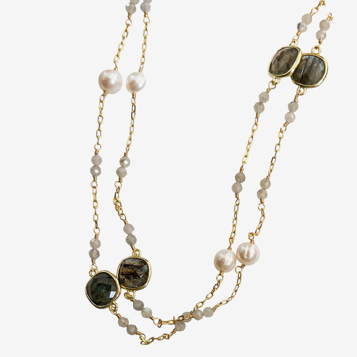 N5496 Freshwater Pearl, Faceted Labradorite Necklace