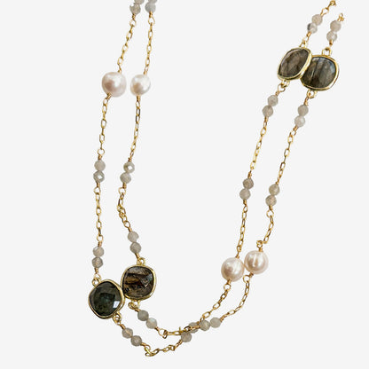 N5496 Freshwater Pearl, Faceted Labradorite Necklace
