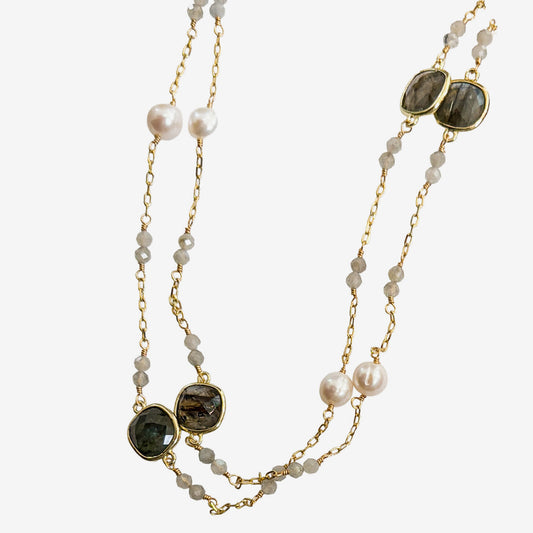 N5496 Freshwater Pearl, Faceted Labradorite Necklace