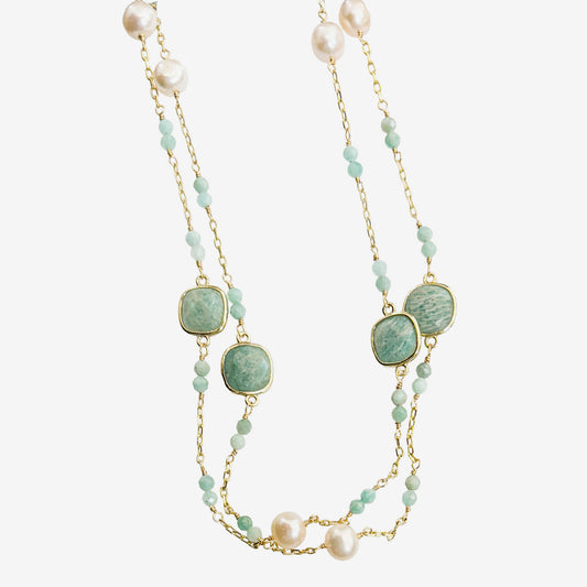 N5497 Freshwater Pearl, Faceted Amazonite Necklace