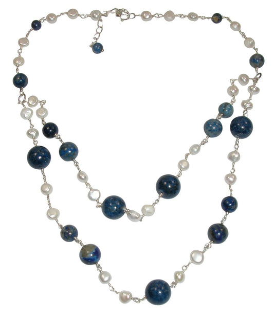 N5579 Lapis and Freshwater 2 Strand Layered Necklace